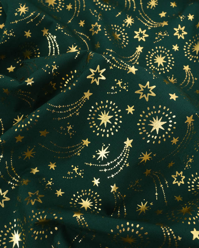 Tissu Noël Vert Etoiles Filantes Dorées - Mercerine