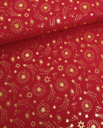 Tissu Noël Rouge Etoiles Filantes Dorées - Mercerine