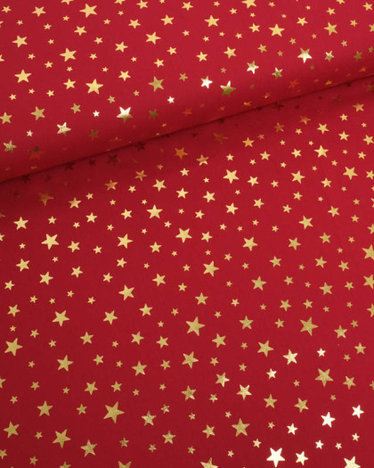 Tissu Coton de Noël Rouge Etoiles Dorées - Mercerine