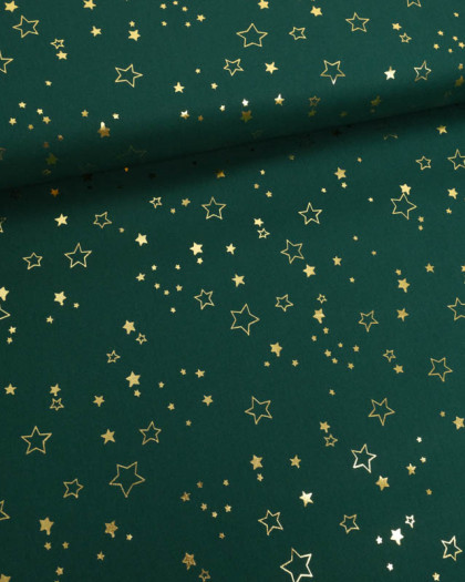 Tissu Coton de Noël Vert Etoiles Dorées - Mercerine