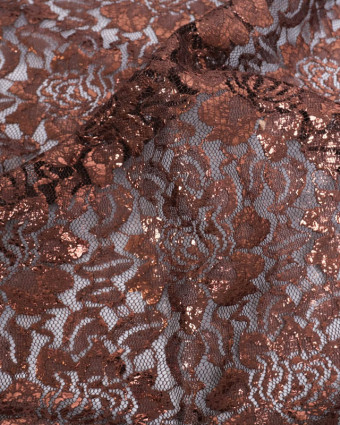Tissu Dentelle Marron Fleurs Reflets Bronze - Mercerine