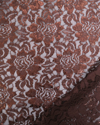 Tissu Dentelle Marron Fleurs Reflets Bronze - Mercerine