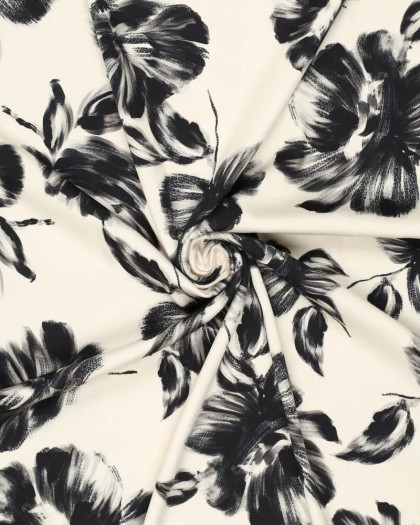 Satin de Viscose Stretch Blanc Cassé Grandes Fleurs - Mercerine