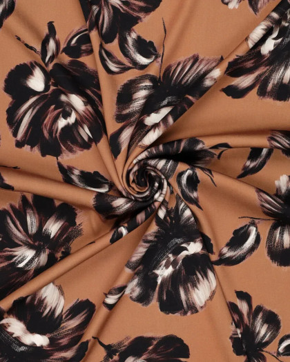 Satin de Viscose Stretch Caramel Grandes Fleurs - Mercerine