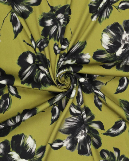 Satin de Viscose Stretch Vert Pommes Grandes Fleurs - Mercerine