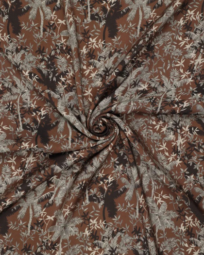 Tissu Viscose Mélangée Feuillage Tropical Café - Mercerine