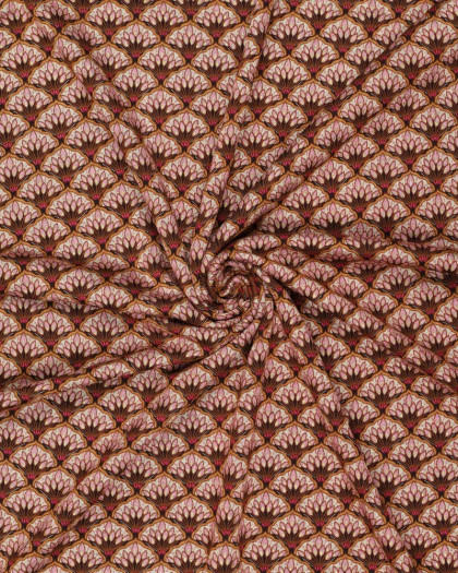 Jersey De Viscose Imprimé Rose Motif Eventail Touche Lurex Doré - Mercerine