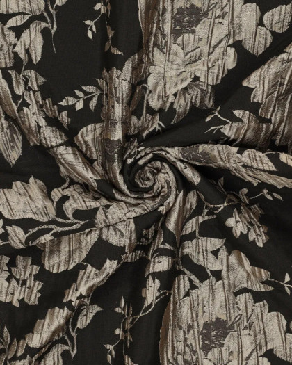 Tissu Jacquard Vestimentaire Noir Motif Floral Taupe - Mercerine