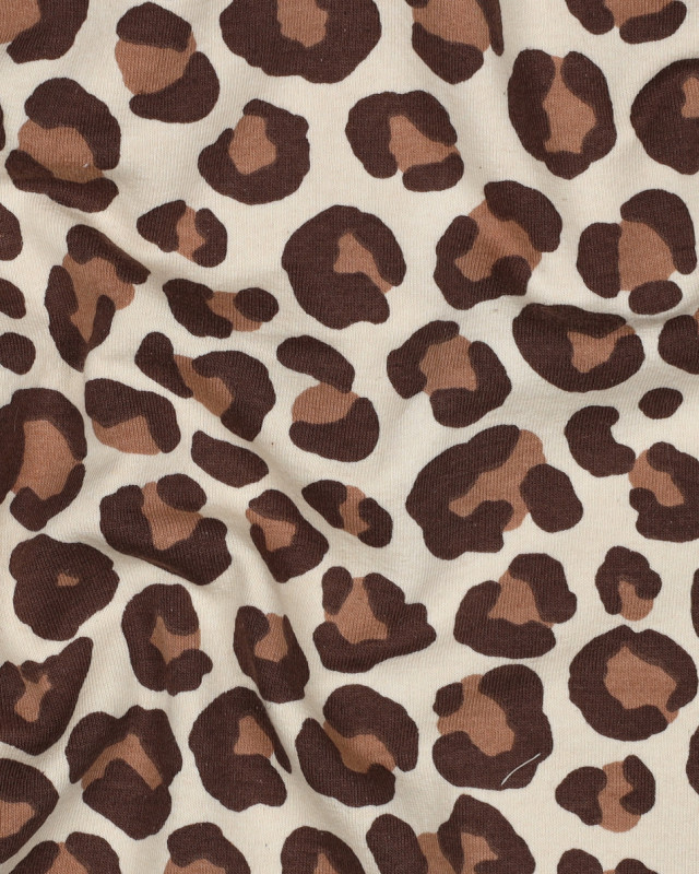 Tissu Sweat Envers Gratté Motif Léopard Chocolat Fond Beige Naturel - Mercerine