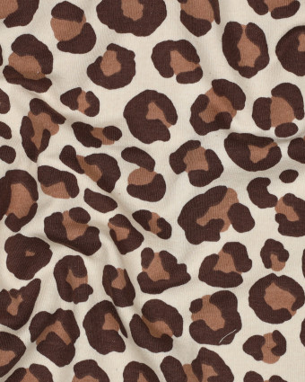 Tissu Sweat Envers Gratté Motif Léopard Chocolat Fond Beige Naturel - Mercerine