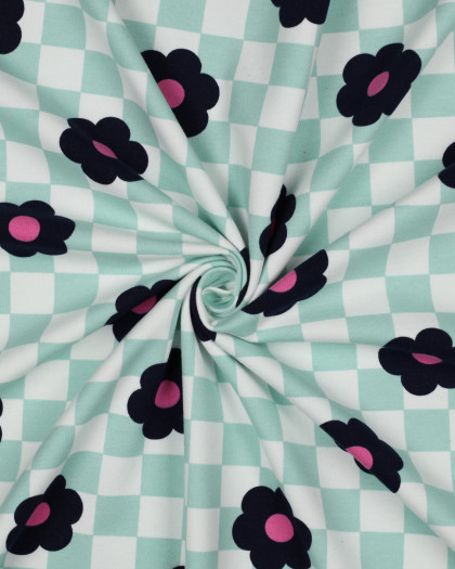 Tissu Sweat Envers Gratté Motif Damier et Fleurs Céladon - Mercerine