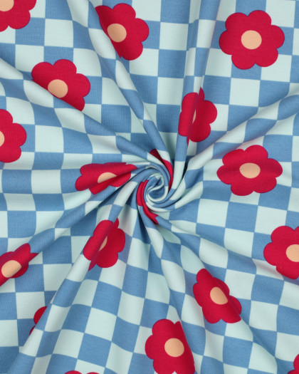 Tissu Sweat Envers Gratté Motif Damier et Fleurs Bleu et Vert d'Eau - Mercerine