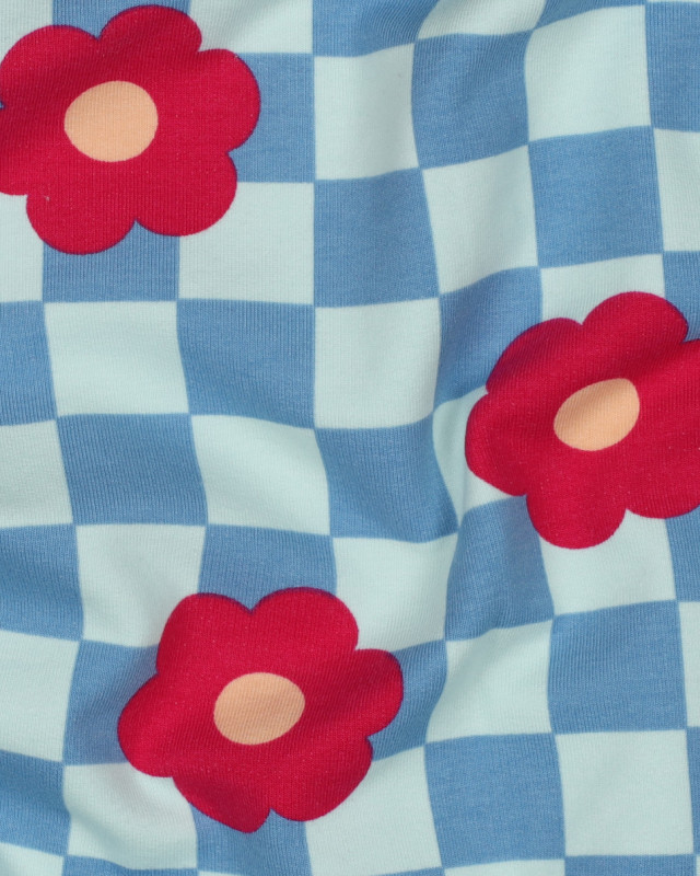 Tissu Sweat Envers Gratté Motif Damier et Fleurs Bleu et Vert d'Eau - Mercerine
