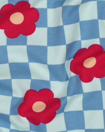 Tissu Sweat Envers Gratté Motif Damier et Fleurs Bleu et Vert d'Eau - Mercerine