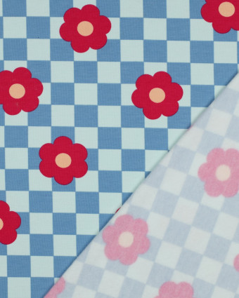 Tissu Sweat Envers Gratté Motif Damier et Fleurs Bleu et Vert d'Eau - Mercerine
