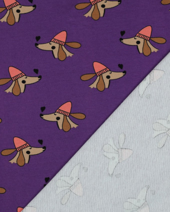 Tissu Sweat Envers Gratté Violet Petit Chien Cool - Mercerine