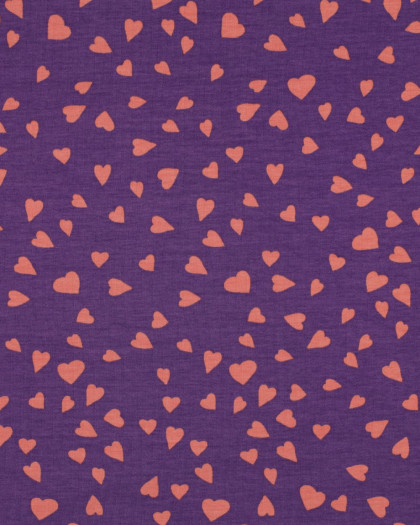 Tissu Sweat Envers Gratté Violet Petits Cœurs Corail