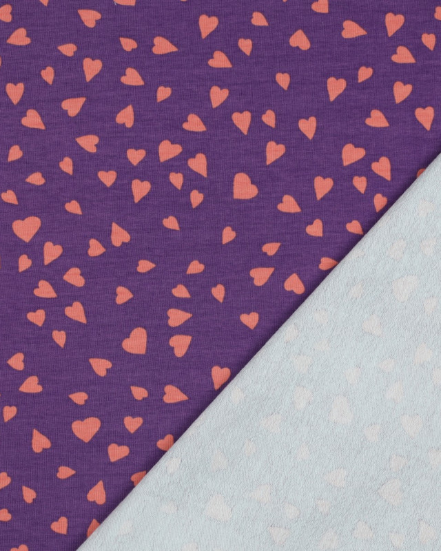 Tissu Sweat Envers Gratté Violet Petits Cœurs Corail - Mercerine