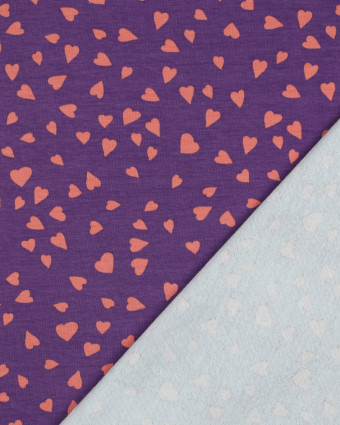 Tissu Sweat Envers Gratté Violet Petits Cœurs Corail - Mercerine