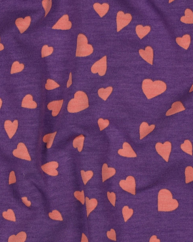 Tissu Sweat Envers Gratté Violet Petits Cœurs Corail - Mercerine