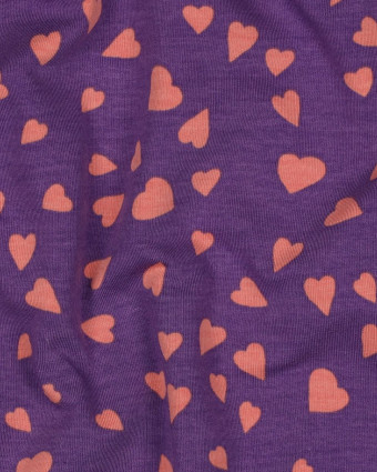Tissu Sweat Envers Gratté Violet Petits Cœurs Corail - Mercerine