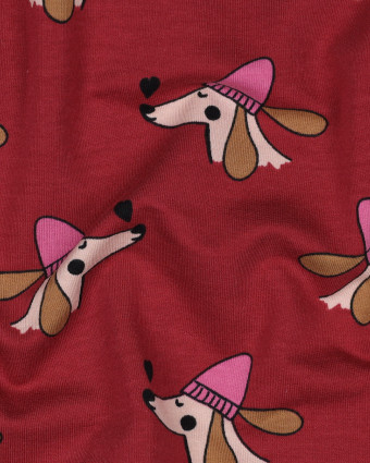Tissu Sweat Envers Gratté Bordeaux Petit Chien Cool - Mercerine