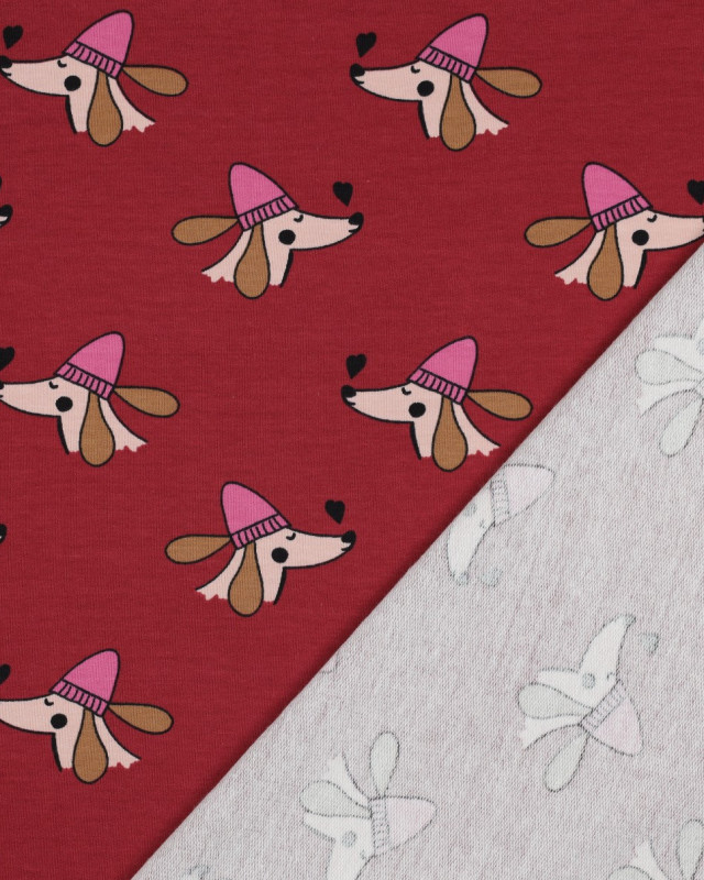 Tissu Sweat Envers Gratté Bordeaux Petit Chien Cool - Mercerine