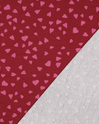 Tissu Sweat Envers Gratté Bordeaux Petits Cœurs Roses - Mercerine