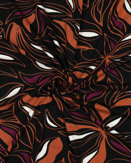 Tissu Jersey de Viscose Motif Fleurs Caramel et Prune Fond Noir - Mercerine