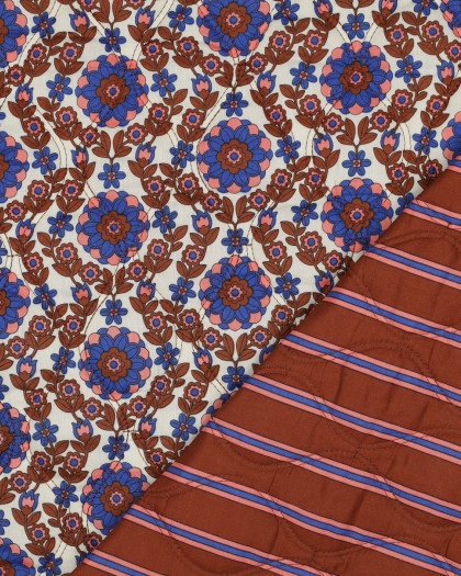Tissu Matelassé Biface Fleuri Indien et Rayures Bleu roi et Caramel - Mercerine