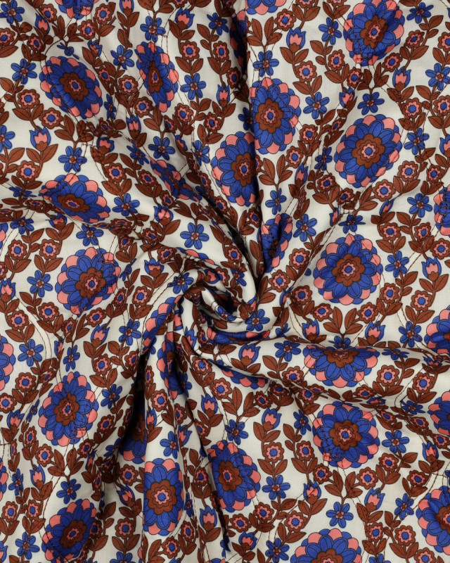 Tissu Matelassé Biface Fleuri Indien et Rayures Bleu roi et Caramel - Mercerine