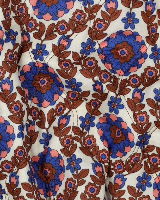 Tissu Matelassé Biface Fleuri Indien et Rayures Bleu roi et Caramel - Mercerine