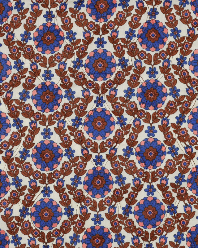 Tissu Matelassé Biface Fleuri Indien et Rayures Bleu roi et Caramel - Mercerine