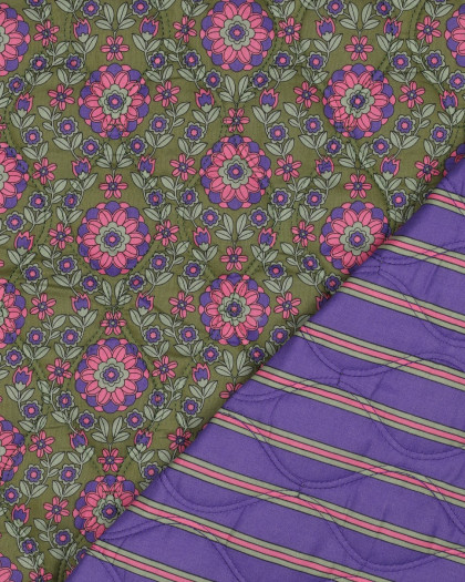Tissu Matelassé Biface Fleuri Indien et Rayures Kaki et Violet - Mercerine