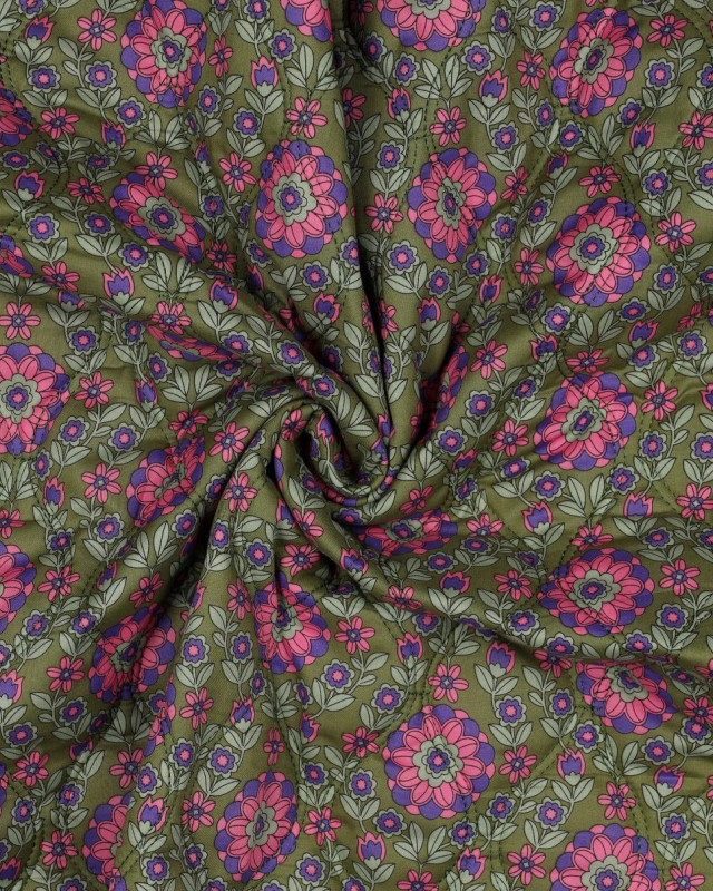 Tissu Matelassé Biface Fleuri Indien et Rayures Kaki et Violet - Mercerine