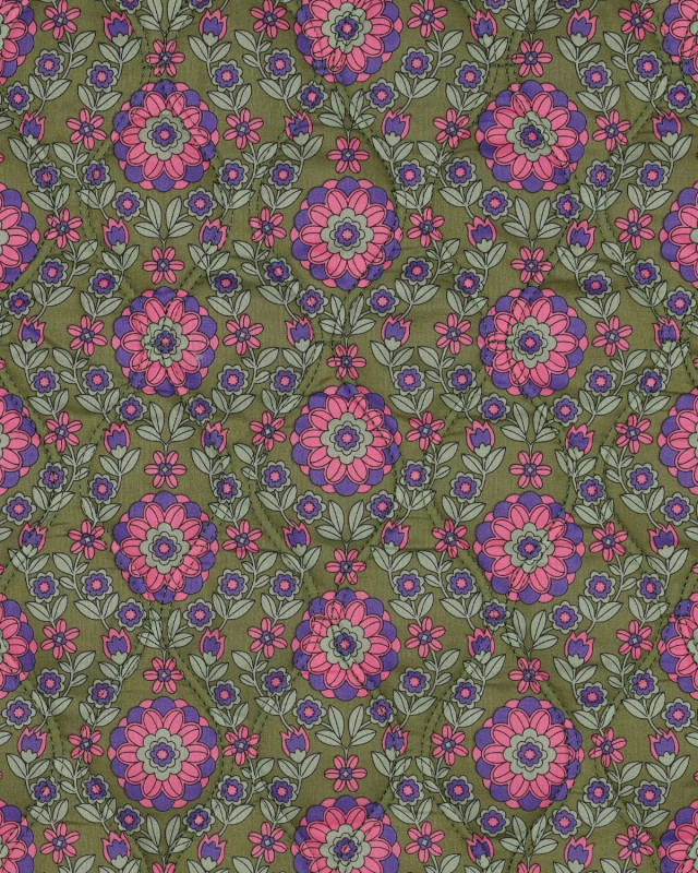 Tissu Matelassé Biface Fleuri Indien et Rayures Kaki et Violet - Mercerine