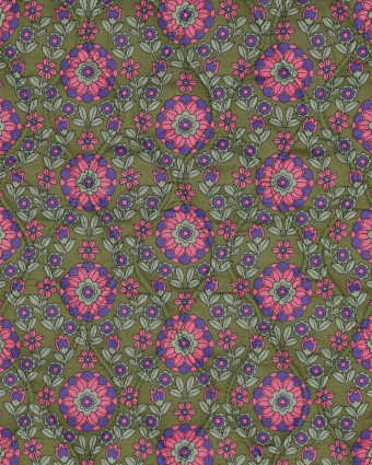 Tissu Matelassé Biface Fleuri Indien et Rayures Kaki et Violet - Mercerine