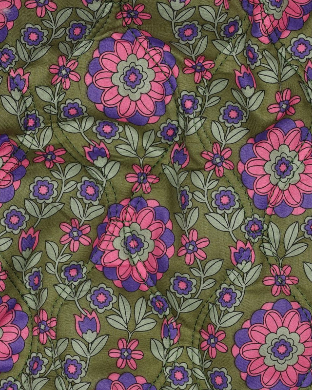 Tissu Matelassé Biface Fleuri Indien et Rayures Kaki et Violet - Mercerine