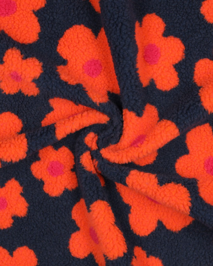 Tissu Mouton Sherpa Motif Fleurs Orange Fluo Fond Bleu - Mercerine