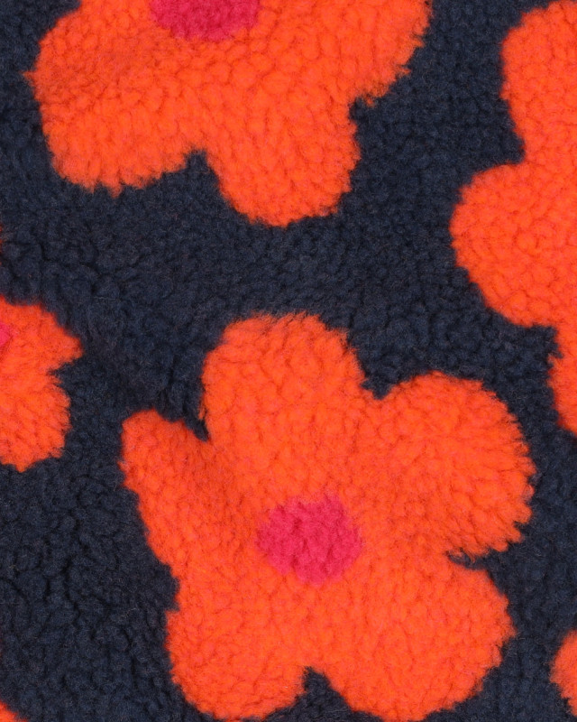 Tissu Mouton Sherpa Motif Fleurs Orange Fluo Fond Bleu - Mercerine