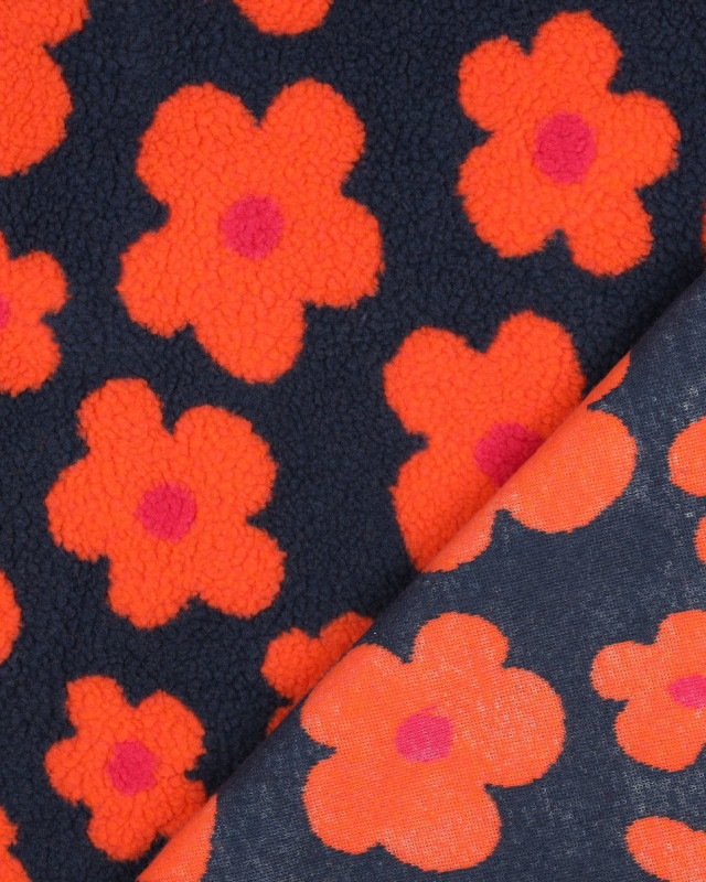 Tissu Mouton Sherpa Motif Fleurs Orange Fluo Fond Bleu - Mercerine
