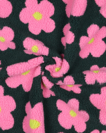Tissu Mouton Sherpa Motif Fleurs Rose Fond Vert Sapin - Mercerine