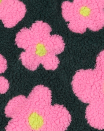 Tissu Mouton Sherpa Motif Fleurs Rose Fond Vert Sapin - Mercerine
