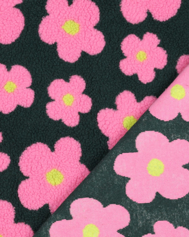 Tissu Mouton Sherpa Motif Fleurs Rose Fond Vert Sapin - Mercerine