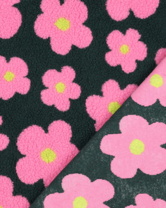 Tissu Mouton Sherpa Motif Fleurs Rose Fond Vert Sapin - Mercerine