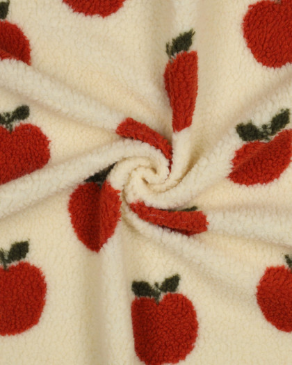 Tissu Mouton Sherpa Motif Pommes Orange Fond Beige - Mercerine