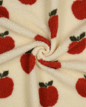Tissu Mouton Sherpa Motif Pommes Orange Fond Beige - Mercerine