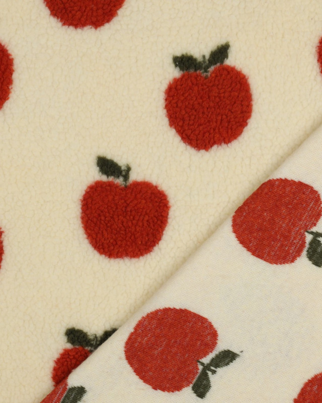 Tissu Mouton Sherpa Motif Pommes Orange Fond Beige - Mercerine