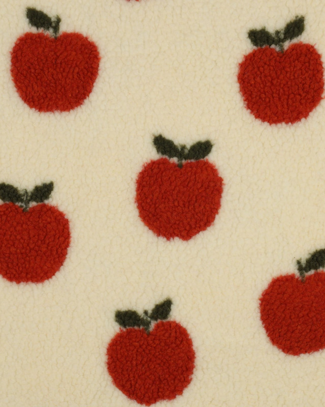 Tissu Mouton Sherpa Motif Pommes Orange Fond Beige - Mercerine
