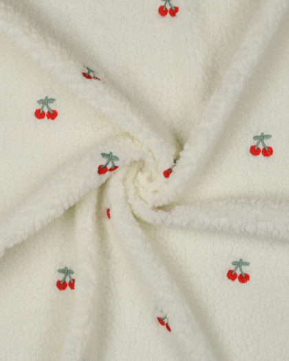 Tissu Mouton Sherpa Petites Cerises Brodées Fond Ecru - Mercerine